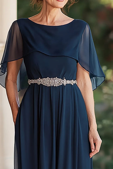 Chiffon A Line Navy Mother of the Bride Dress with Beaded Waist